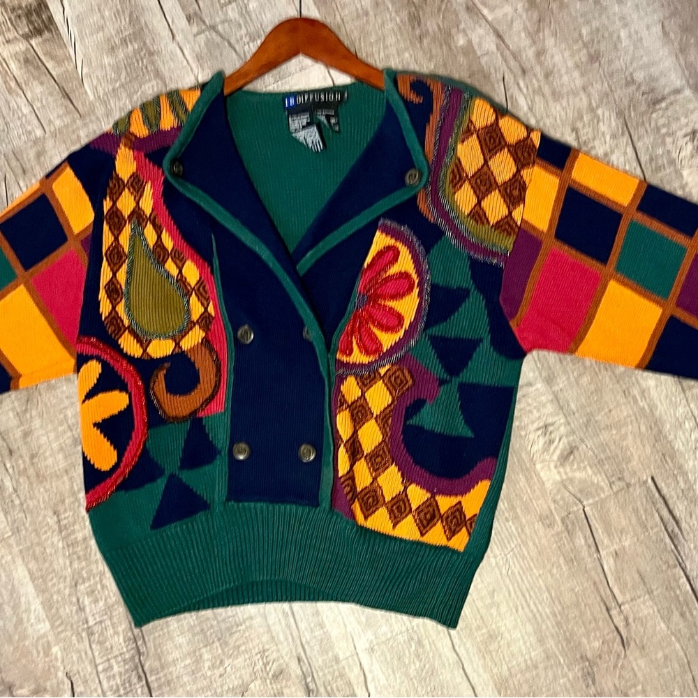 Vintage 90s I.B. Diffusion Colorful Geometric Grandma Core Cardigan Sweater L - Picture 10 of 12